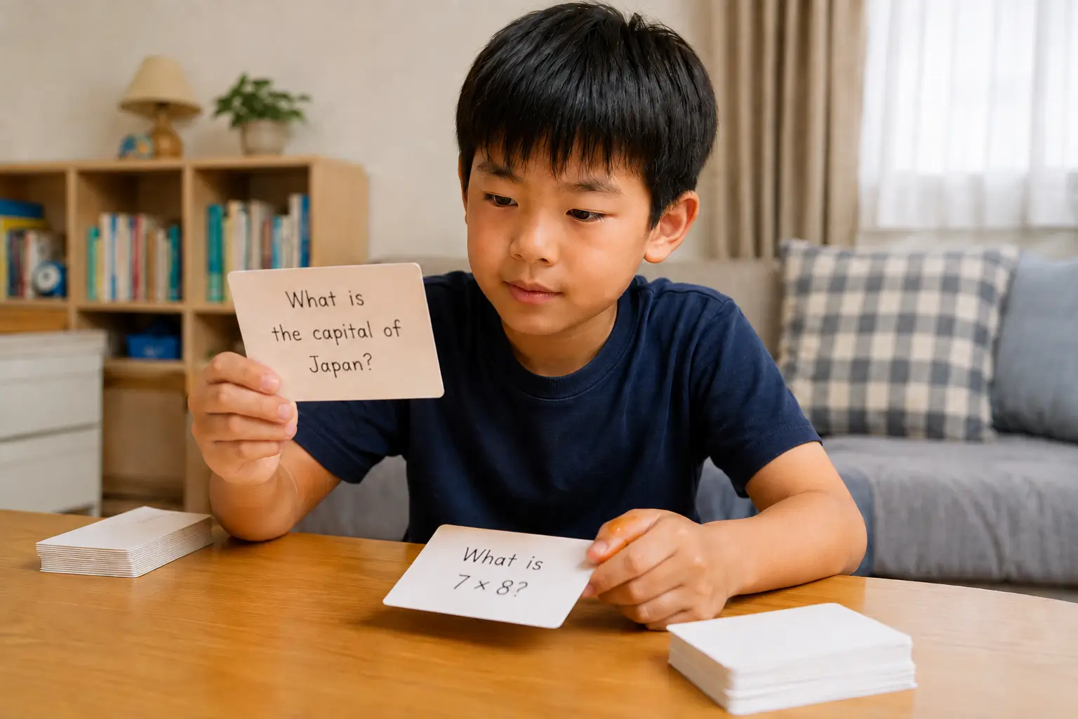 a boy practising active recall using flashcards